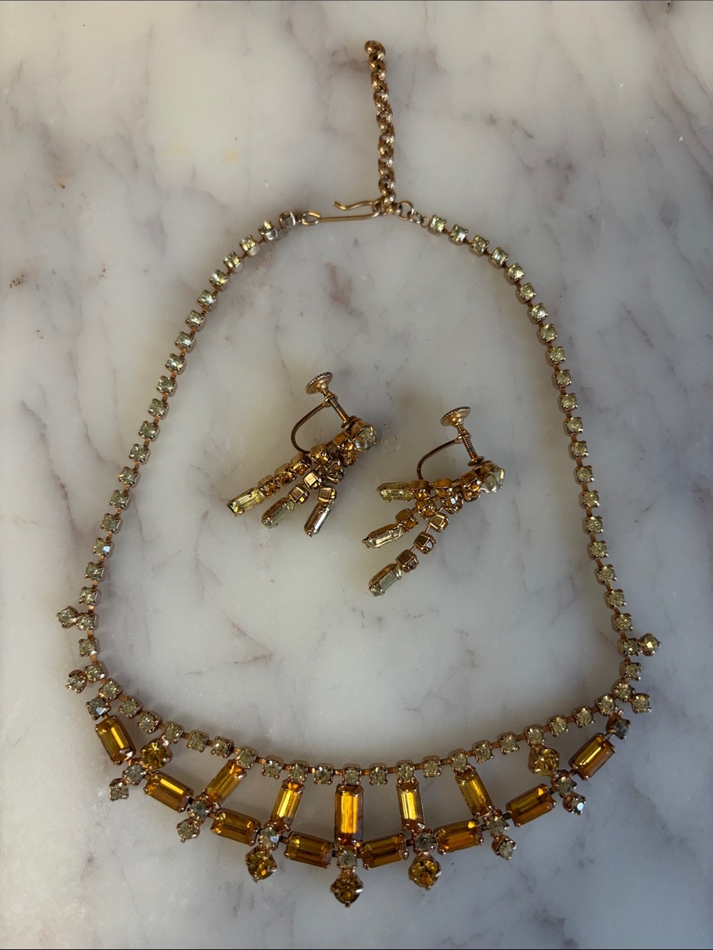 Gold-Tone Amber Crystal Choker Necklace and Clip-On Earrings Set
